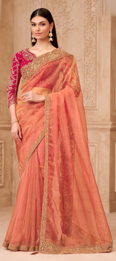 Orange color Saree in Georgette fabric with Embroidered, Sequence work
