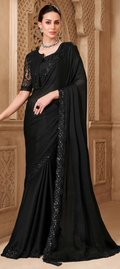 Black and Grey color Saree in Georgette fabric with Embroidered, Sequence work