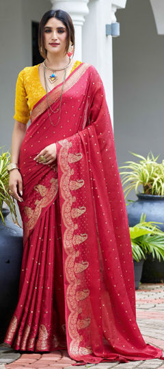 Red and Maroon color Saree in Silk fabric with Weaving, Zari work