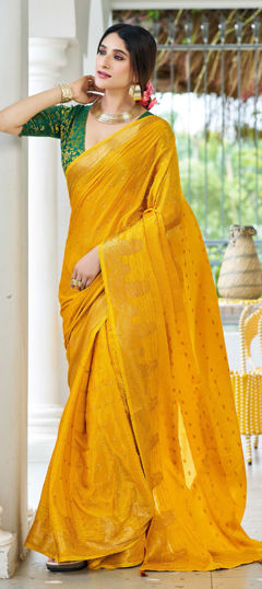 Yellow color Saree in Silk fabric with Weaving, Zari work