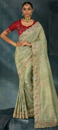 Green color Saree in Banarasi Silk fabric with Embroidered, Zari, Zircon work