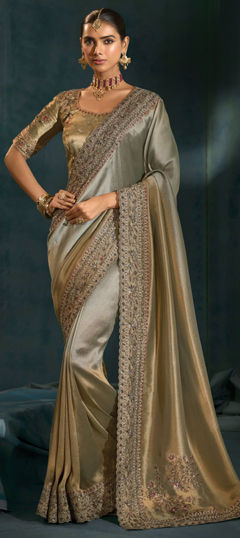 Black and Grey color Saree in Silk fabric with Cut Dana, Mirror, Moti, Zardozi work