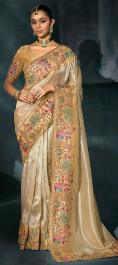 Beige and Brown color Saree in Silk fabric with Cut Dana, Mirror, Moti, Thread, Zari work