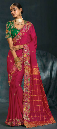 Pink and Majenta color Saree in Silk fabric with Cut Dana, Mirror, Moti, Thread, Zari work