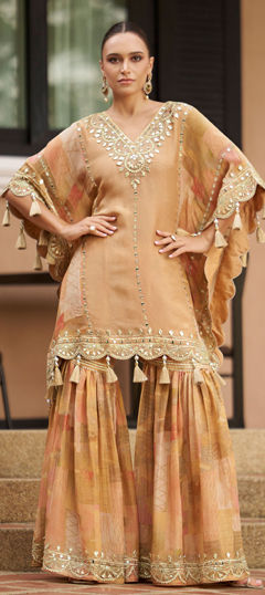 Beige and Brown color Salwar Kameez in Chinon Silk fabric with Embroidered, Gota Patti, Mirror, Sequence work