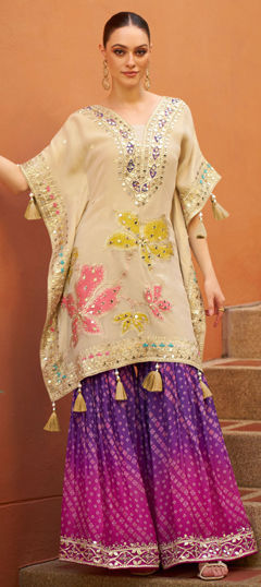 Beige and Brown color Salwar Kameez in Chinon Silk fabric with Embroidered, Gota Patti, Mirror, Sequence, Stone work