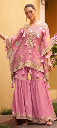 Pink and Majenta color Salwar Kameez in Chinon Silk fabric with Embroidered, Gota Patti, Mirror, Sequence, Stone work