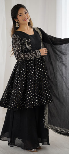 Black and Grey color Salwar Kameez in Crushed Silk fabric with Embroidered, Sequence, Thread work