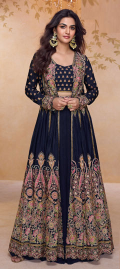 Black and Grey color Salwar Kameez in Georgette fabric with Embroidered, Mirror work