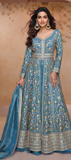 Blue color Salwar Kameez in Silk fabric with Embroidered, Mirror work