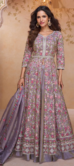 Purple and Violet color Salwar Kameez in Silk fabric with Embroidered, Mirror work