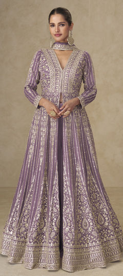 Purple and Violet color Salwar Kameez in Chinon Silk fabric with Embroidered, Sequence work