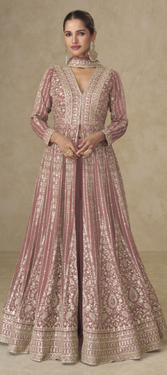 Pink and Majenta color Salwar Kameez in Chinon Silk fabric with Embroidered, Sequence work