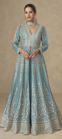 Blue color Salwar Kameez in Chinon Silk fabric with Embroidered, Sequence work