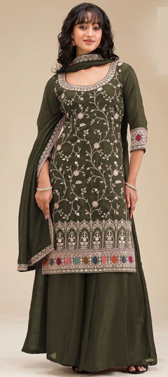 Green color Salwar Kameez in Silk fabric with Embroidered, Thread work