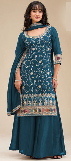 Blue color Salwar Kameez in Silk fabric with Embroidered, Thread work