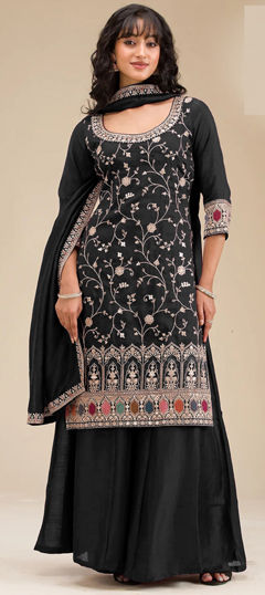 Black and Grey color Salwar Kameez in Silk fabric with Embroidered, Thread work