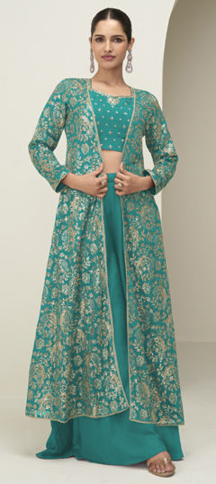 Blue color Salwar Kameez in Chinon Silk fabric with Sequence work