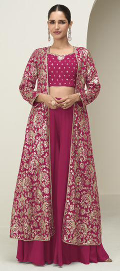 Red and Maroon color Salwar Kameez in Chinon Silk fabric with Sequence work