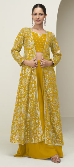 Yellow color Salwar Kameez in Chinon Silk fabric with Sequence work