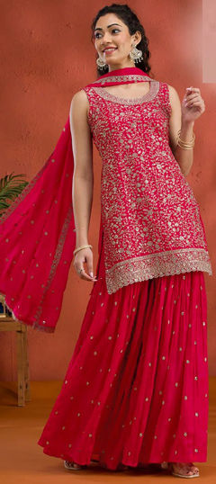 Pink and Majenta color Salwar Kameez in Georgette fabric with Embroidered, Thread, Zari work