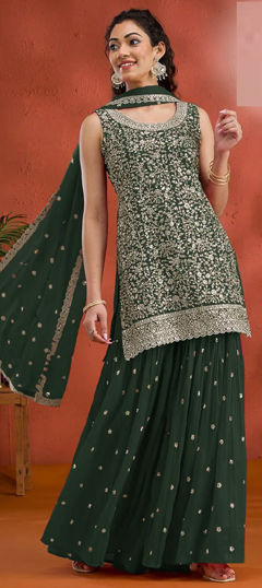 Green color Salwar Kameez in Georgette fabric with Embroidered, Thread, Zari work