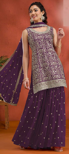 Purple and Violet color Salwar Kameez in Georgette fabric with Embroidered, Thread, Zari work