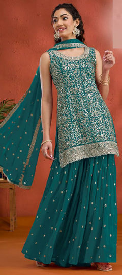 Blue color Salwar Kameez in Georgette fabric with Embroidered, Thread, Zari work