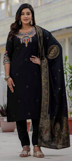 Black and Grey color Salwar Kameez in Roman Silk fabric with Embroidered, Sequence, Thread work