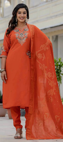 Orange color Salwar Kameez in Roman Silk fabric with Embroidered, Sequence, Thread work