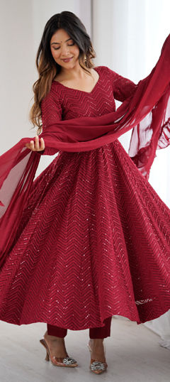 Red and Maroon color Gown in Faux Georgette fabric with Embroidered, Sequence, Thread work
