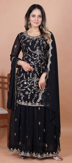 Black and Grey color Salwar Kameez in Faux Georgette fabric with Embroidered, Sequence work
