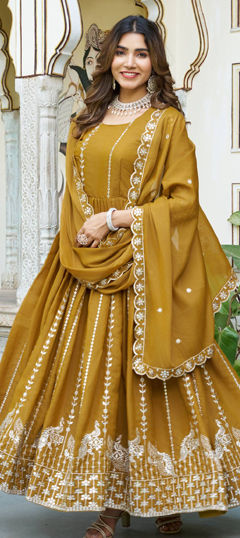 Yellow color Gown in Georgette fabric with Embroidered, Sequence, Thread work
