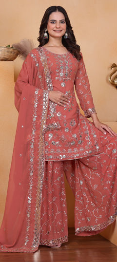 Pink and Majenta color Salwar Kameez in Faux Georgette fabric with Embroidered, Sequence work