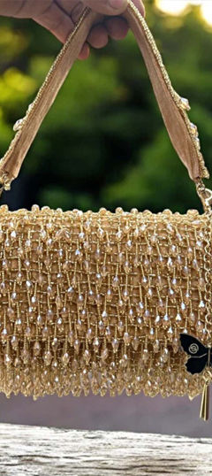 Beige and Brown color Potli in Fancy Fabric fabric with Stone work