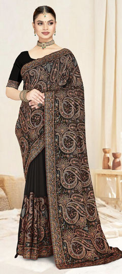 Black and Grey color Saree in Georgette fabric with Embroidered, Resham work