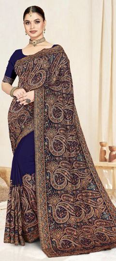 Blue color Saree in Georgette fabric with Embroidered, Resham work