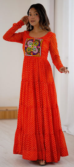 Red and Maroon color Gown in Faux Georgette fabric with Embroidered, Lehariya, Mirror, Patch, Printed work