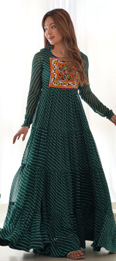 Green color Gown in Faux Georgette fabric with Embroidered, Lehariya, Mirror, Patch, Printed work