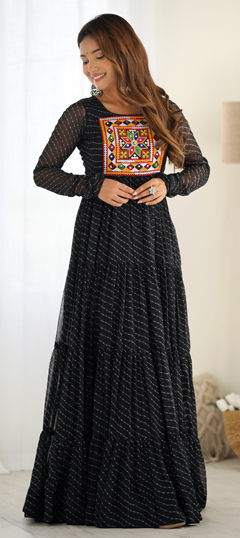 Black and Grey color Gown in Faux Georgette fabric with Embroidered, Lehariya, Mirror, Patch, Printed work