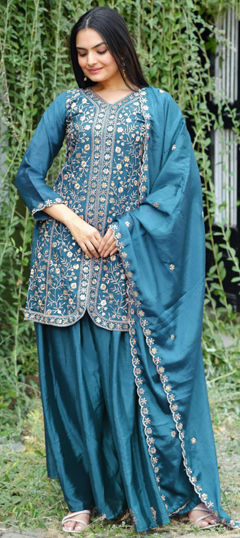 Blue color Salwar Kameez in Chinon Silk fabric with Embroidered, Sequence work