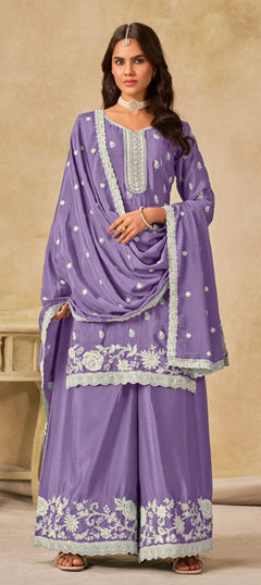 Purple and Violet color Salwar Kameez in Chinon Silk fabric with Embroidered, Resham, Thread work