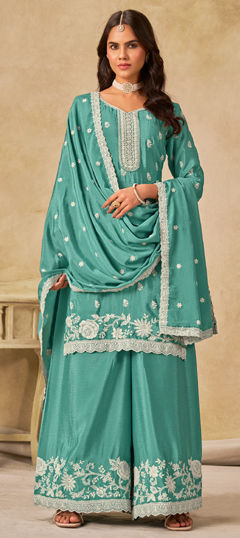 Blue color Salwar Kameez in Chinon Silk fabric with Embroidered, Resham, Thread work