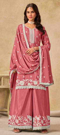 Pink and Majenta color Salwar Kameez in Chinon Silk fabric with Embroidered, Resham, Thread work