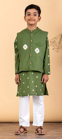 Green color Boys Kurta Pyjama with Jacket in Cotton fabric with Printed work