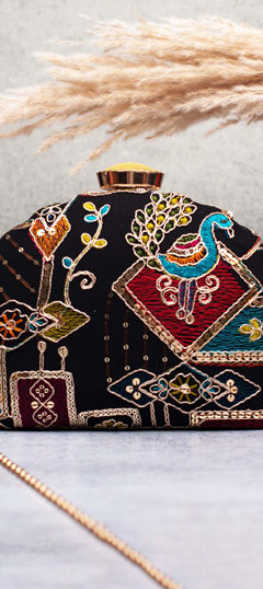 Black and Grey color Clutches in Fancy Fabric fabric with Embroidered, Sequence, Thread work