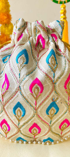 White and Off White color Potli in Art Silk fabric with Embroidered, Sequence, Thread work
