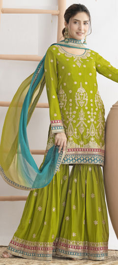 Green color Salwar Kameez in Chinon Silk fabric with Embroidered, Sequence, Thread work