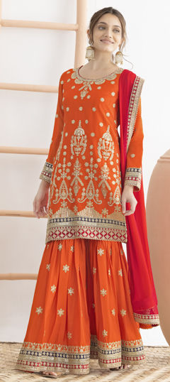 Orange color Salwar Kameez in Chinon Silk fabric with Embroidered, Sequence, Thread work