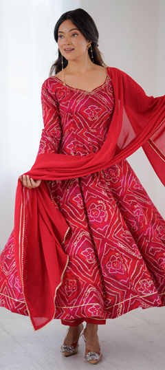 Multicolor color Salwar Kameez in Rayon fabric with Bandhej, Gota Patti, Printed work